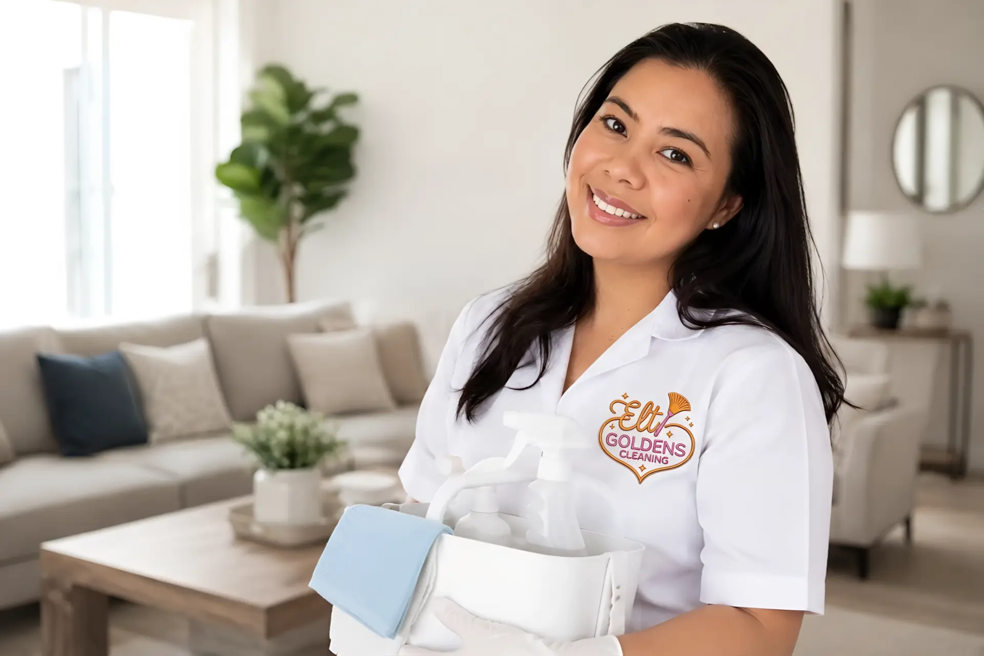 Professional Elt Goldens Cleaning staff member with eco-friendly supplies in a bright Brewster, NY home