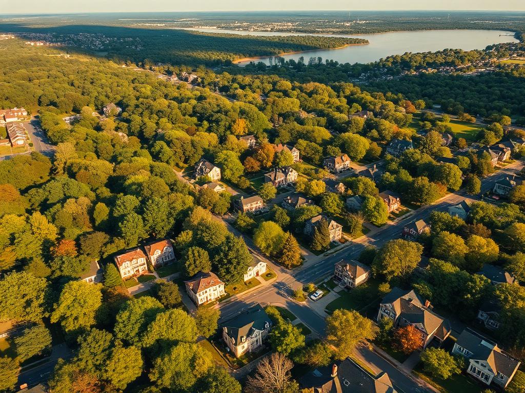 Aerial view of tree-lined residential neighborhoods in Westchester County, New York